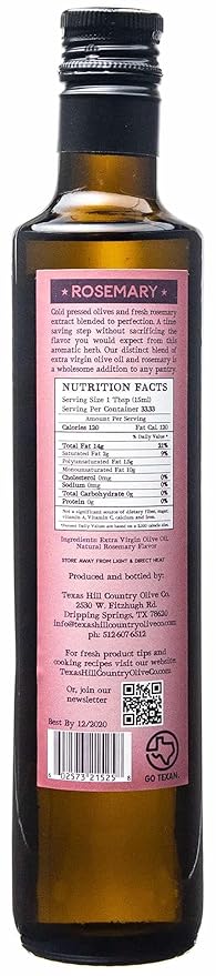 Texas Hill Country Olive Co Rosemary Infused Olive Oil - Cold Pressed Gourmet EVOO Olive Oil - Great for Dressing Dipping Marinade - No Artificial Flavors or Added Sugar - Made in Texas (16.9 oz)