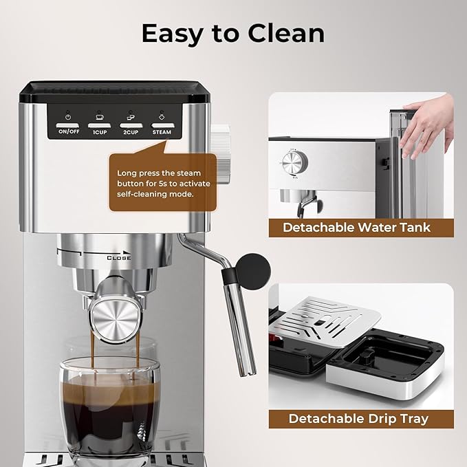 20 Bar Espresso Machine with Milk Frother, Semi-automatic Compact Coffee Maker with Steam Wand for Cappuccino/Latte, 42oz Removable Water Reservoir, Ideal for Home/Office, Stainless Steel