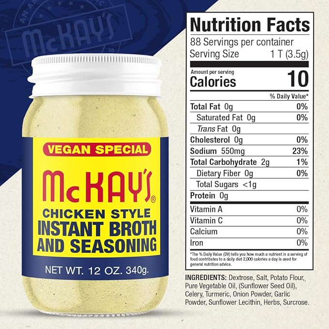 McKay's Vegan Chicken Flavored Soup Seasoning, Gluten Free, Vegetarian Instant Broth, Bullion Powdered Seasoning, Good on Meats, Veggies or in Soup! (Vegan Chicken, 1 Pack)