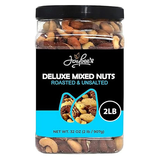 Jaybee?™s Unsalted Mixed Nuts | 32 oz | Gourmet Roasted Deluxe Nut Mix with Cashews, Almonds, Pecans, Hazelnuts, Brazil Nuts (No Peanuts) | Keto, Vegan Friendly, Kosher, Healthy Snacks
