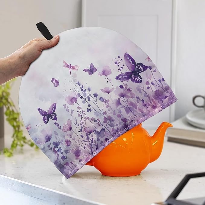 Purple Flowers Tea Cozy Cover Warmth Keep Tea Kettle Cover Insulated Teapot Cover with Top Handy Loop Aqua Tea Cosies Reusable