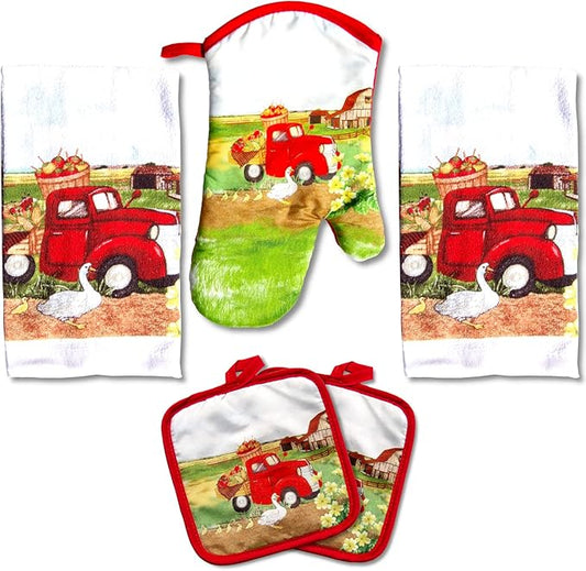 Lobyn Value Packs: 5 Piece Kitchen Towel Set with Vintage Red Truck Design, 2 Decorative Dish Towels, 1 Oven Mitt & 2 Potholders for Countryside Elegance