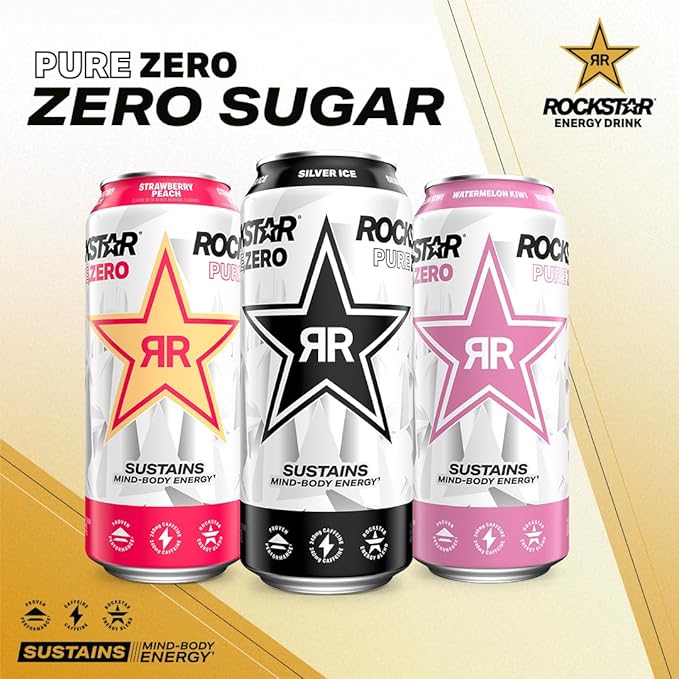 Rockstar Pure Zero Energy Drink, Tangerine Mango Guava Strawberryh, 0 Sugar, with Caffeine and Taurine, 16 Fl Oz (Pack of 12) (Packaging May Vary)