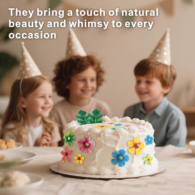83 Pcs Edible Flowers Cake Decorations, Tropical Cupcake Toppers, Hawaiian Cake Decorations, Tropical Leaves & Edible Flowers for Hawaiian Birthday, Jungle Theme Birthday Party Decoration Supplies