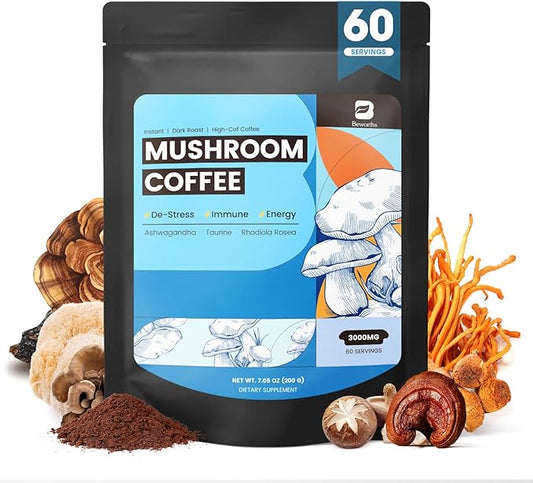 B BEWORTHS Mushroom Coffee, Mushroom Coffee Powder with Ashwagandha, L-theanine, Lion's Mane