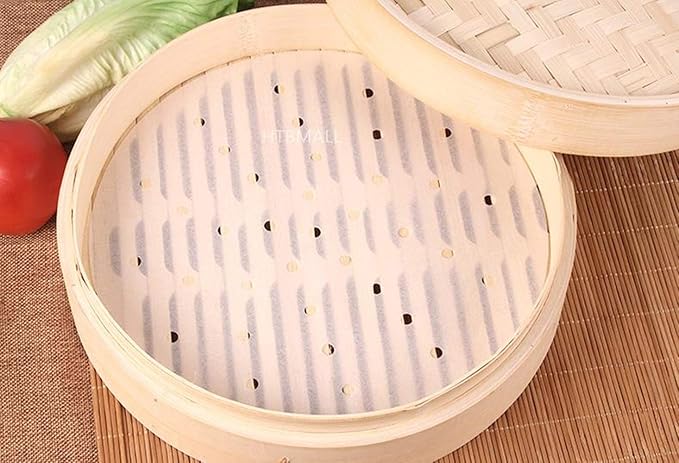 200pcs Air Fryer Liners, 10 inches Bamboo Steamer Liners, Premium Perforated Parchment Steaming Papers, Non-stick Steamer Mat Liner for Air Fryers Baking Cooking Oven