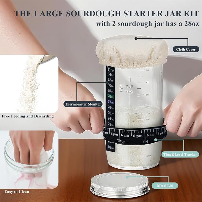 Complete Sourdough Starter Kit - Sourdough Bread Baking Supplies, 2 x 34oz Glass Jars, Silicone Proofing Baskets (Oval 11.6" & Round 10.8"), Ideal Gift for Home Bakers, Women, Moms & Baking