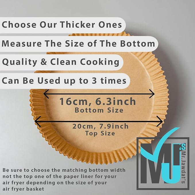 ((Extra Strong)) Air Fryer Disposable Paper Liner 100Pcs, Mr.Jawdat's Strong AirFryer Liners, Non-Stick Liner for Air Fryer and Microwave, Free of Bleach (Round, Bottom Size 6.3inch)
