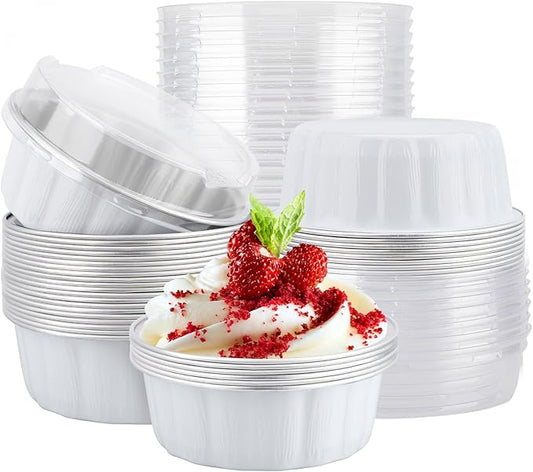 EUSOAR Cake Container, 25pcs 9oz White Large Aluminum Pans with Lids, Muffin Liners Foil Ramekins Cupcakes Bread Pudding Round Holders Cups for Wedding Birthday Theme Party