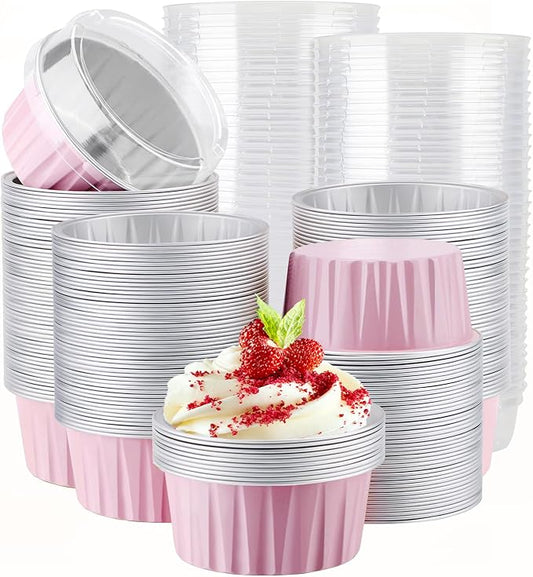 EUSOAR Disposable Ramekins with Lids, 200pcs 5oz Aluminum Foil Cupcake Liners Ramekins Cups for Baking, Dessert Cups Aluminum Cheesecake Pan Creme Brulee Baking Cups for Oven-Pink