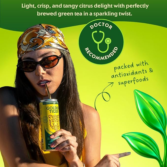 Golden Tiger Turmeric Sparkling Lemonade, Green Tea 12-Pack ??Curcumin & Ginger for Inflammation ??Sparkling Wellness Drink with Organic Superfoods + Antioxidants for Recovery, Immunity, Gut Health - 4g Sugar, 20 Calories