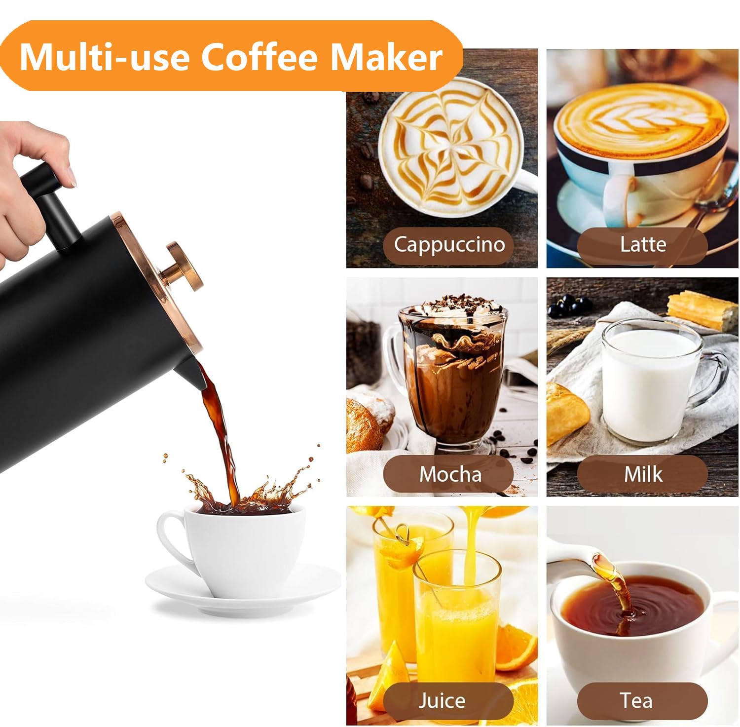 Meelio Small French Press Coffee Maker 350ml/12oz, Black Stainless Steel Double-Wall Insulated