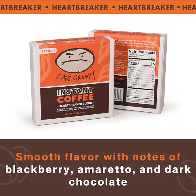 Café Grumpy Instant Coffee Single Serve, Heartbreaker Medium Roast Quick Prep Arabica Blend Packets, Smooth Balanced Flavor Travel Ready Office Coffee, 6 Pack