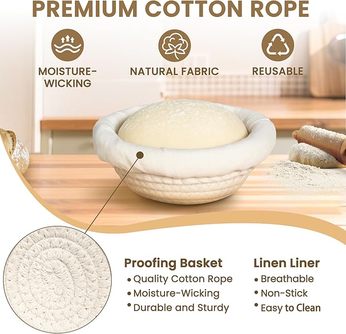 Mini Bread Dough Proofing Basket (5.5'', Set of 6), Natural Cotton Rope Mini Banneton Basket & Liner, Sourdough Banneton Basket for Bread Bowls & Small Loaves