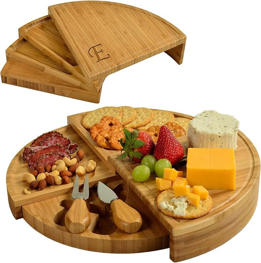 Picnic at Ascot Patented Personalized Monogrammed Engraved Bamboo Cheese/Charcuterie Board with Cheese Knives- Designed & Quality Checked in The USA