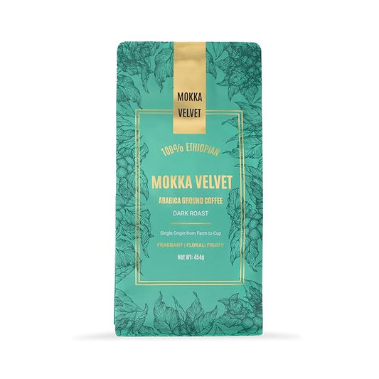 Mokka Velvet Ethiopian Coffee Ground - Organically Grown Dark Roast Coffee Ground, Single Origin, Ground Coffee, 100% Ethiopian Harar Arabica Coffee, Resealable Bag 454g.