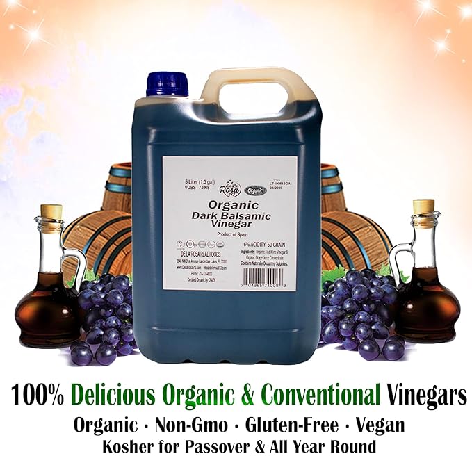 De La Rosa Organic Dark Balsamic Vinegar, Fruity & Juicy, Vegan, Kosher, Non-GMO & Gluten Free, Great for Salad Dressings, Marinades & More 5 Liter (Pack of 1)