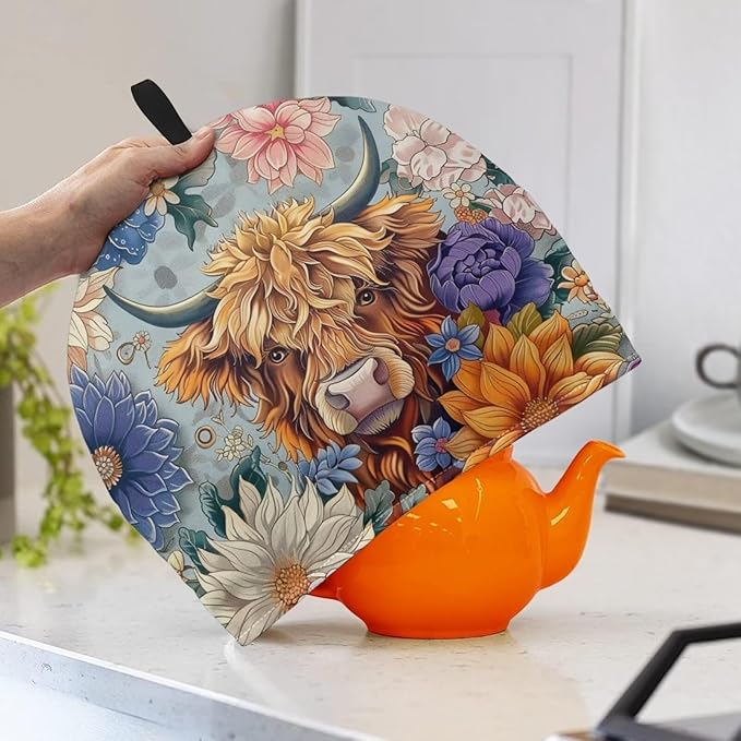 Highland Cow Tea Cozy for Teapot - Insulated Showy Flower Pot Cover, Bohemia Cattle Wildlife Kettle Kitchen Dust Cover