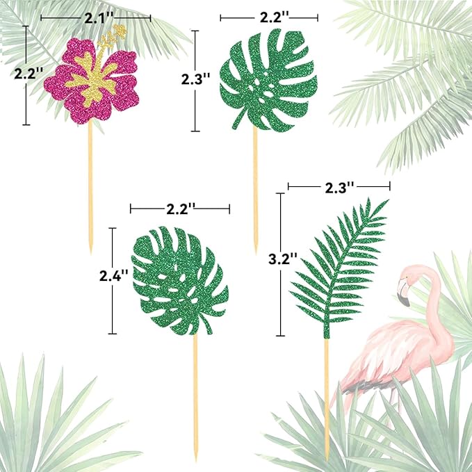 24Pcs Glitter Tropical Cupcake Toppers, Palm Tree Cake Topper Aloha Cupcake Picks Flower Cupcake Decorations for Luau Hawaiian Theme Baby Shower Birthday Party Supplies(Leaves B)