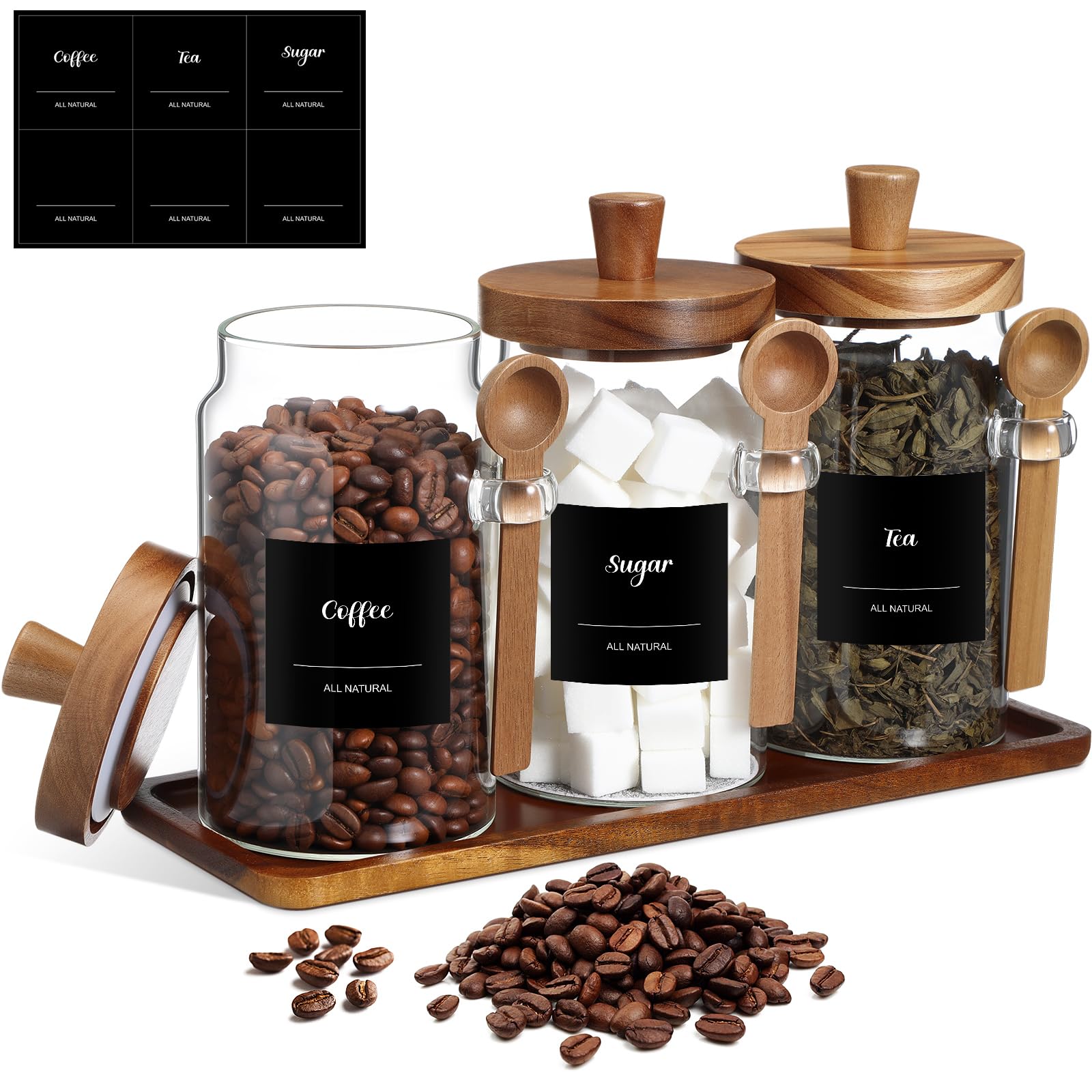Suclain 3 Pcs Glass Coffee Container Wood Lid, 25 Oz, acacia Brown