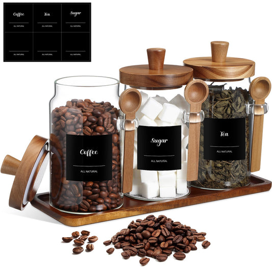 Suclain 3 Pcs Glass Coffee Container Wood Lid, 25 Oz, acacia Brown
