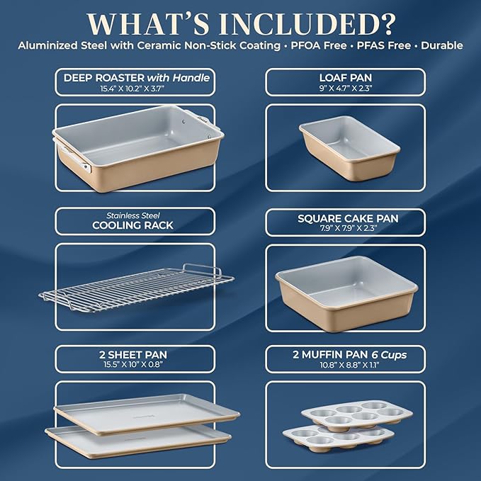 Bakken 8-Piece Stackable Bakeware Set - Ceramic Non-Stick Coating, Baking Sheets, Assorted Baking Pans, PTFE, PFOA & PFOS Free - Healthy Baking, Ergonomic Handles, Cooling Rack, Non-Toxic, Oven-Safe