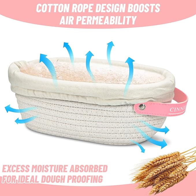 Cotton Rope Bread Proofing Basket, 2 Set, Oval & Round Baskets with Cloth Liners & Pink Covers - Artisan Sourdough Baking Supplies, Decorative Baking Tools for Kitchen & Gift for Baker