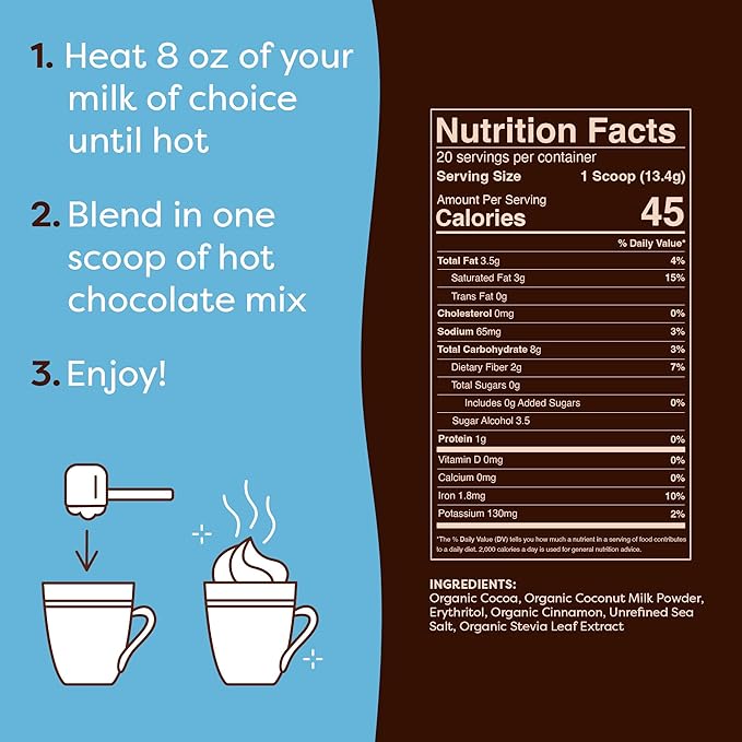 FlavCity Prebiotic Keto Hot Chocolate Mix - Vegan, Sugar & Dairy-Free Hot Chocolate - High Fiber, Low-Carb - 45 Calories per Serving - With Organic Cocoa & Coconut Milk Powder (20 Servings)