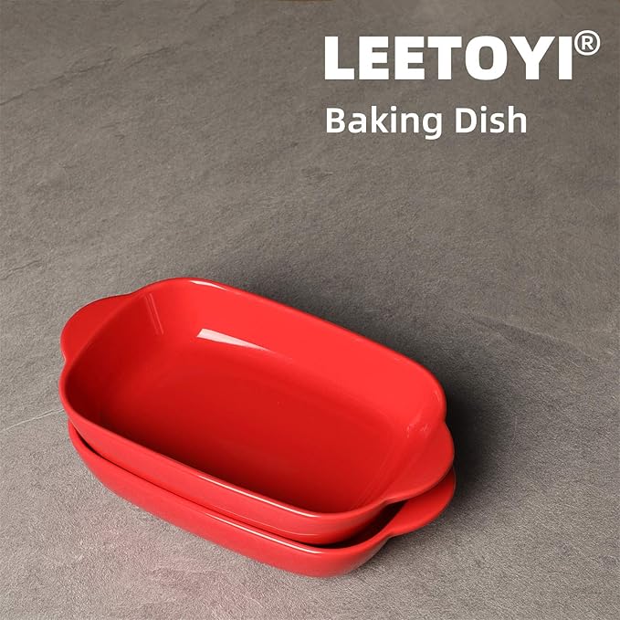 LEETOYI Ceramic Small Baking Dish 7.5-Inch Set of 4, Rectangular Bakeware with Double Handle, Baking Pans for Cooking and Cake Dinner (Red)