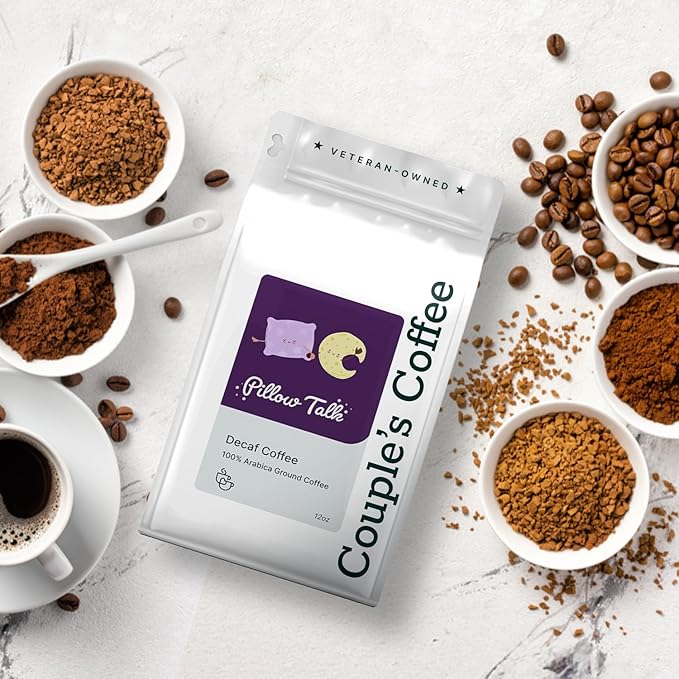 Couple?™s Coffee Ground Coffee | Gives Back to Military Families | Pillow Talk | Medium Roast Decaf Coffee | Made with 100% Arabica Beans | 12oz bag brews about 34 cups