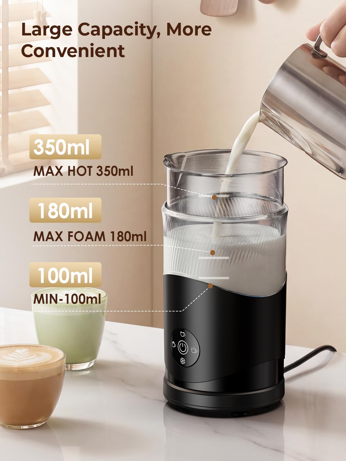 Ecoflarix 350ml Electric Milk Frother: 4-in-1 Hot & Cold,120s Fast Frothing
