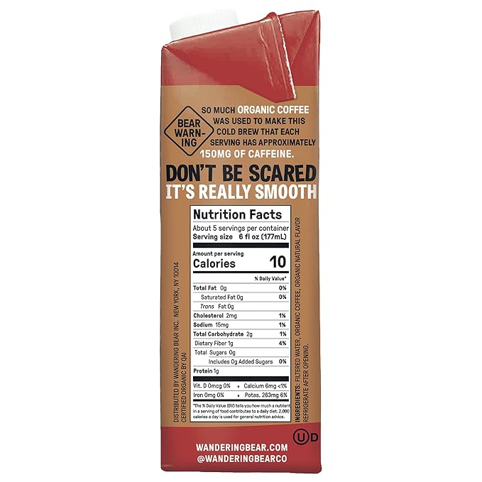 Wandering Bear Organic Mocha Cold Brew Coffee, 32 fl oz, 6 pack - Extra Strong, Bold, Smooth, Unsweetened, Shelf-Stable, Ready to Drink, Gluten Free, & Vegan, Iced Cold Brewed Coffee Drinks