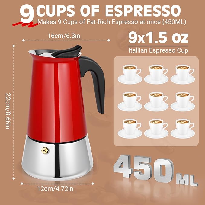 Moka Pot, 9 Cups (15.9 oz) Stovetop Espresso Maker, 304 Stainless Steel Moka Pot, Induction Compatible, Red
