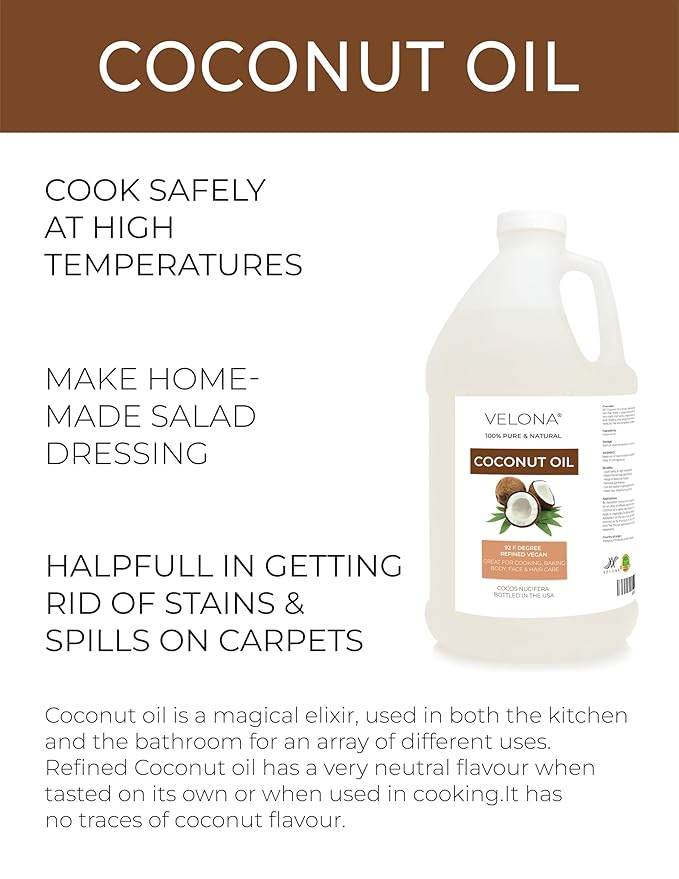 velona Coconut Oil 92 Degree 1 Gallon / 128 Fl Oz | 100% Pure and Natural Carrier Oil | in jar | Refined, Cold pressed | Skin, Face, Body, Hair Care | Use Today - Enjoy Results