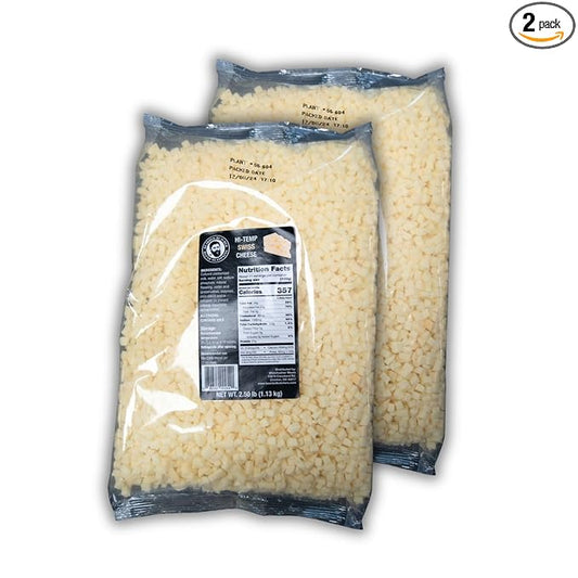 Bearded Butchers High-Temp Swiss Cheese, Pack of 2 (2.5 lb Bags) ??5 lbs Total, Shelf-Stable 1/4-Inch Cubes for Up to 25 lbs of Meat Per Bag, 400째F High-Temperature Cheese ??Ideal for Sausage Making, Brats, Snack Sticks, Burgers, and More