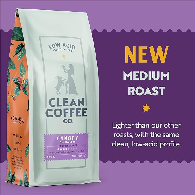 Clean Coffee Co. - Low Acid Medium Roast, Tested for Molds and Toxins, Costa Rica Blend, Notes of Milk Chocolate, Roasted Nuts, Toasted Malt (Ground, 12 oz Bag)