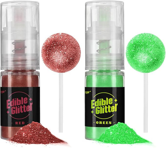 Sujoygar Edible Glitter Spray 2 Colors, Red and Green Edible Glitter for Cocktails, Shimmer Powder Luster Dust Edible for Cake Drink Strawberrie Cupcake Cookies Christmas Baking Decoretion, Vegan(5g/Bottle)