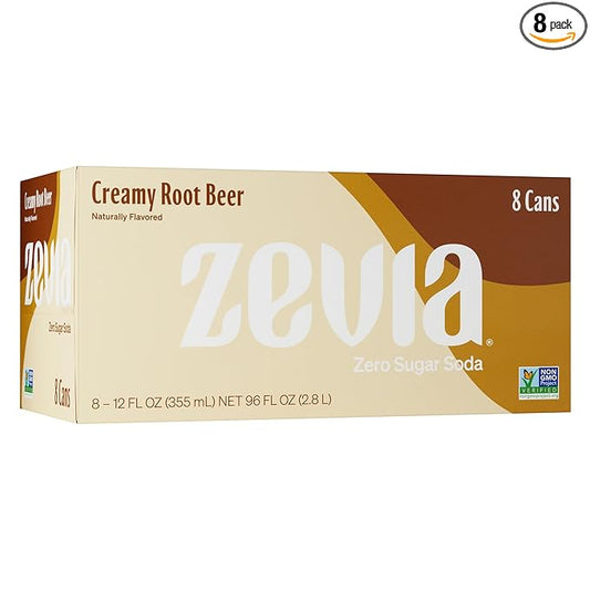 Zevia Zero Sugar Soda, Creamy Root Beer, 12 oz Cans (8-Pack) ??Naturally Sweetened, Non-GMO Project Verified, Gluten-Free, Vegan