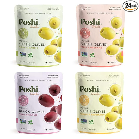 Poshi Natural Whole Pitted Olives | 24 Pack Variety | Basil & Garlic, Chili & Oregano, Chili + Garlic, Lemon & Rosemary | Vegan, Kosher, Gluten Free + Keto Friendly Healthy Snacks, 1.1 Oz (Pack of 24)