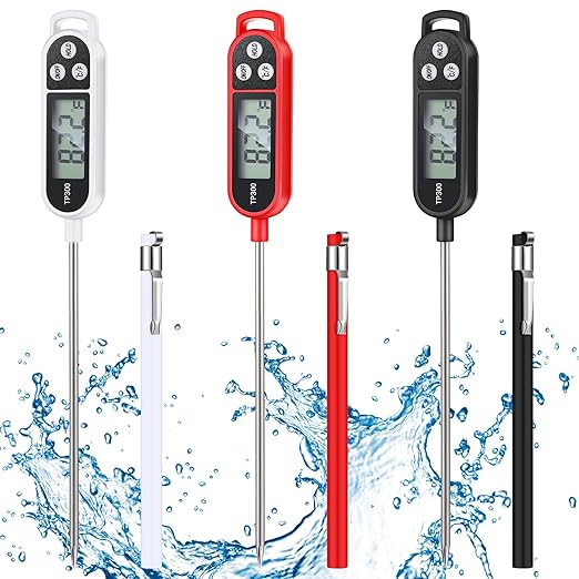 Waterproof Food Thermometer with Long Probe Digital Meat Thermometer for Water, Liquid, Candle and Cooking Instant Read for Kitchen BBQ Grill Candy(Black,White,Red)