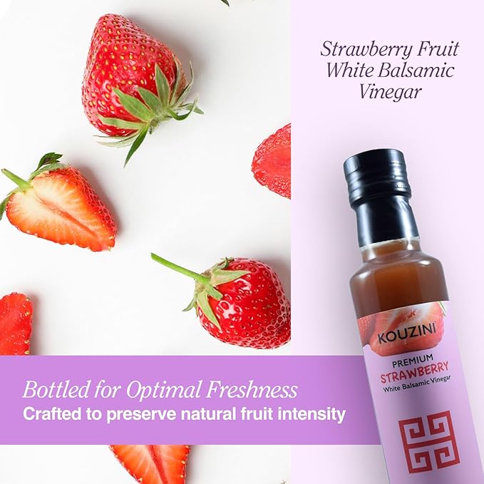 Kouzini Ultra Premium Strawberry Fruit White Balsamic Vinegar, Aged Balsamic Vinegars from Modena, Italy, Premium, Smooth & Full-Bodied Flavor, 250ml Bottle