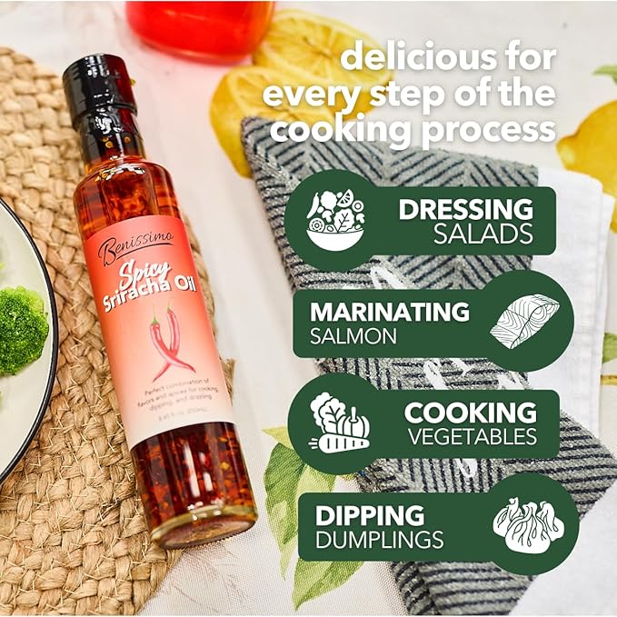 Benissimo Spicy Sriracha Herb Infused Oil, All Natural Gourmet Cooking Oil with Bold Chili Heat and Hand-Selected Herbs, Ideal for Drizzling, Dipping, Saut챕ing, 8.45 fl oz