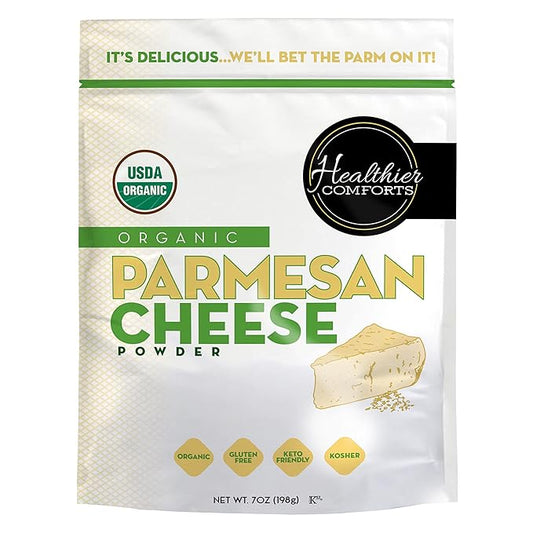 Healthier Comforts Organic Parmesan Cheese Powder, Kosher, Non-GMO, Chemical Free, Gluten Free, Keto Friendly, From Cows Raised Free of Antibiotics or Hormones (rBGH or rBST) (7 Ounce (Pack of 1), Organic Parmesan)
