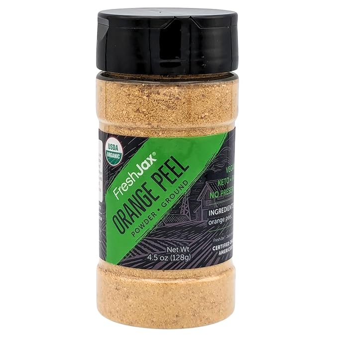 FreshJax Organic Orange Peel Powder ??4.5 oz Dried Orange Zest, Non-GMO, Gluten-Free, Keto, Paleo ??No Preservatives ??Ideal for Baking, Cooking, Smoothies, Marinades & Seasoning