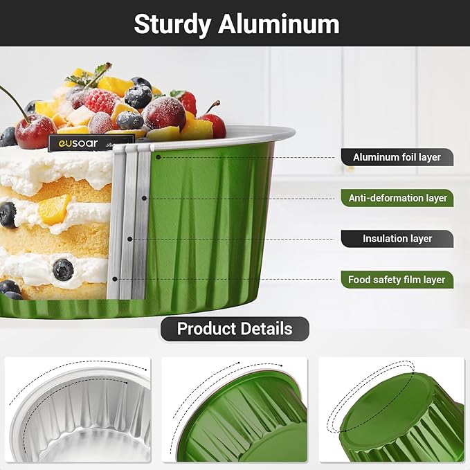 EUSOAR Aluminum Muffin Cups with Lid, 30pcs 5oz Creme Brulee Ramekins Disposable Custard Flan Molds, Oven Small Foil Dessert Containers Baking Cups for Wedding Birthday Party Favor-Dark Green