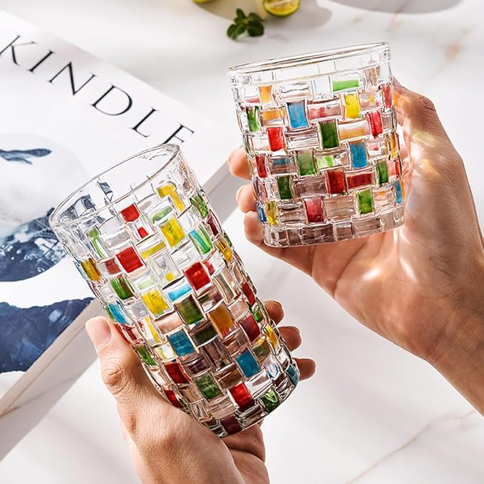 4 Pcs Christmas Colorful Glass Cups，Drinking Glassware Cocktail Glasses for Iced Coffee Juice Tea Beverage Milk Wine