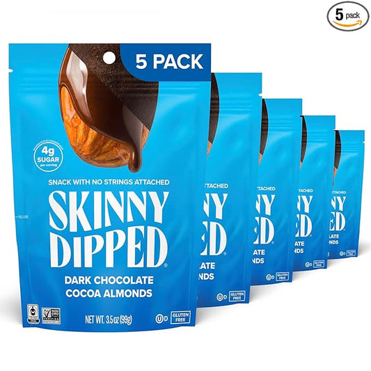 SkinnyDipped Dark Chocolate Cocoa Almonds, Healthy Snack, Plant Protein, Gluten Free, 3.5 oz Resealable Bags (Pack of 5)