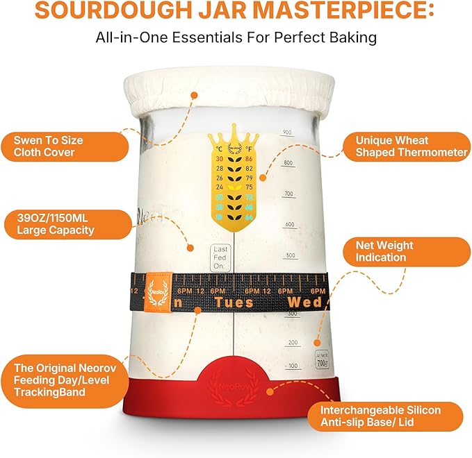 Pro Sourdough Starter Kit - 39 Oz Glass Sourdough Starter Jar (With Cloth Lid,Silicone Base,Scraper,Date Tracker,Temp Strip) - Sourdough Bread Baking Supplies For Sour Dough Bread Loaf (Red)