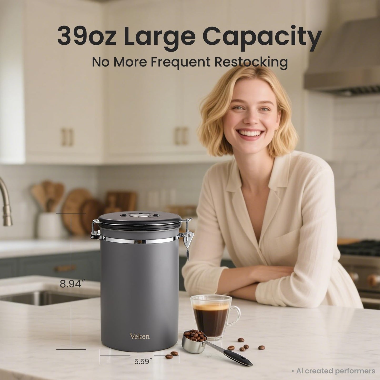 Veken Coffee Canister,39OZ, 2.2lbs,Large Airtight Stainless Steel Container