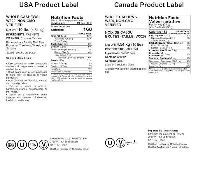 Food to Live - Raw Cashews, 10 Pounds ??Deluxe Whole Nuts, Unsalted, Unroasted Fancy Snack, Size W-320, Kosher, Vegan, Bulk, Rich in Magnesium